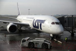 Polish Airlines LOT aircraft  Boeing 787 Dreamliner jet is pictured through the window at Chopin airport in Warsaw
